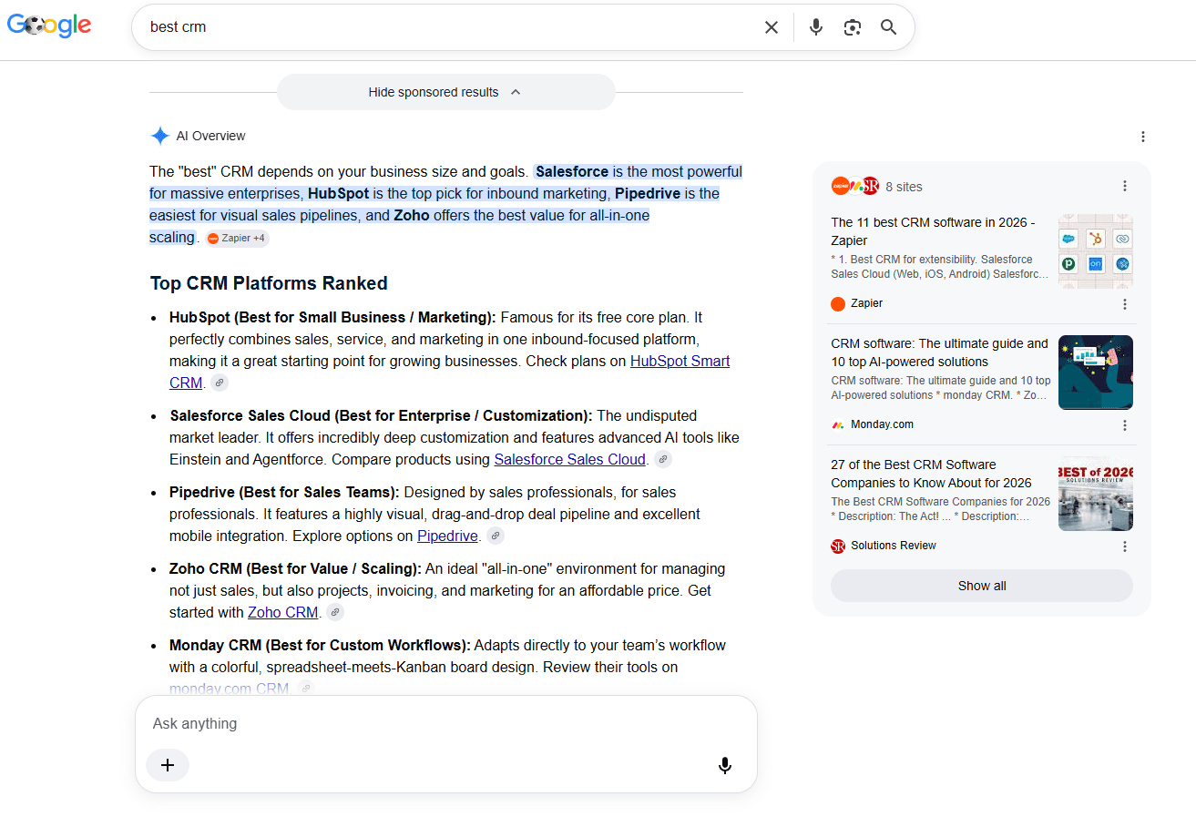 AI Overview in Google search, the AEO results