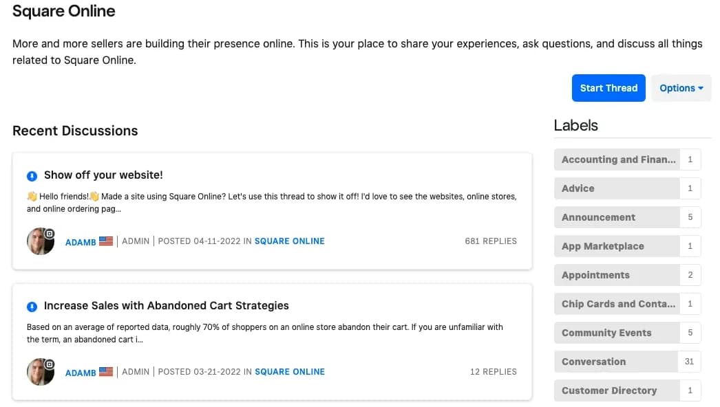 Square Online support via community forum