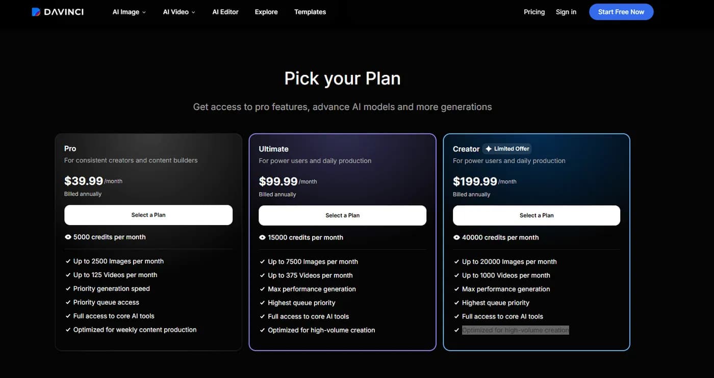 davinci ai plans and pricing from $39.99 to $199.99