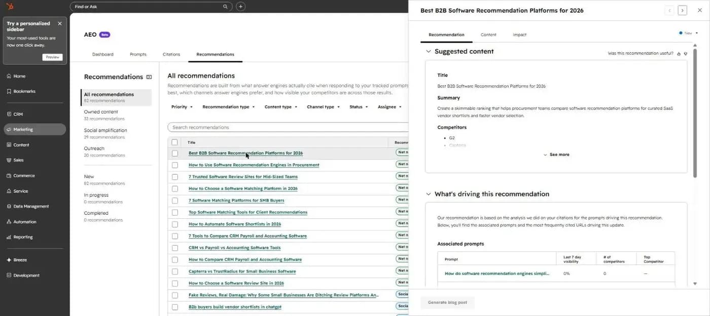 hubspot aeo - ai recommendations for sonary