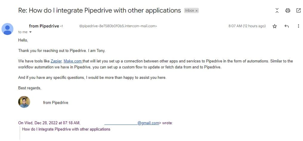 Pipedrive email support response