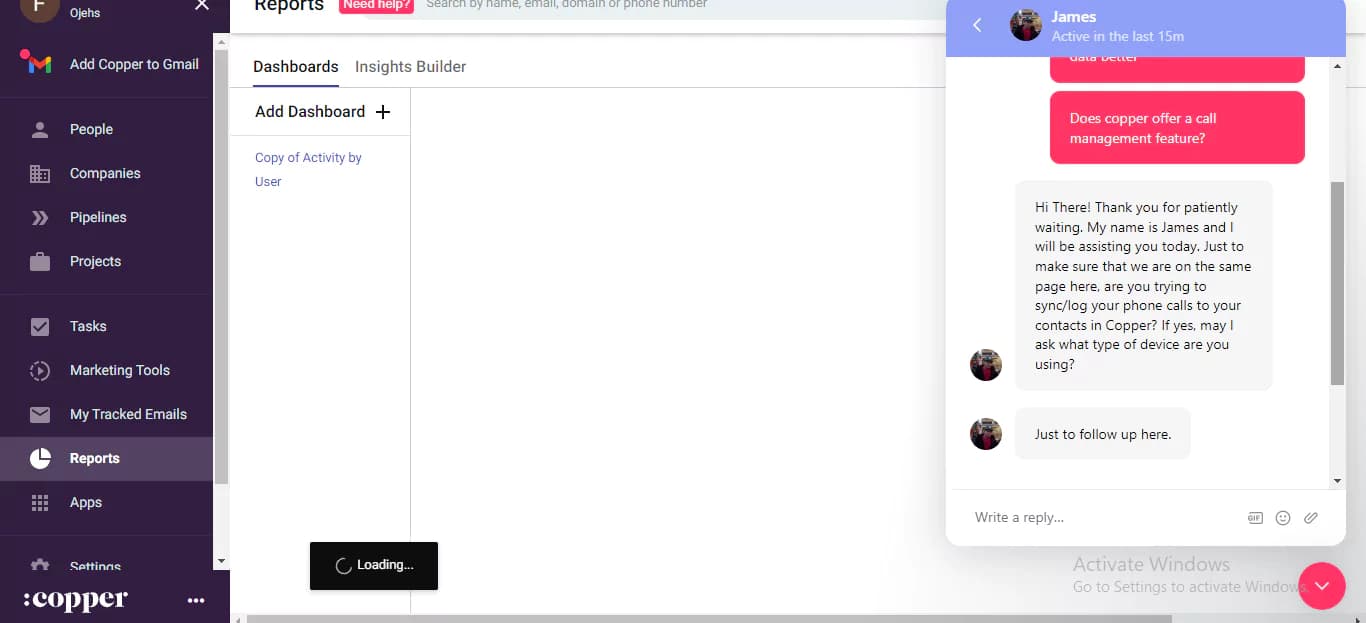 copper CRM live chat