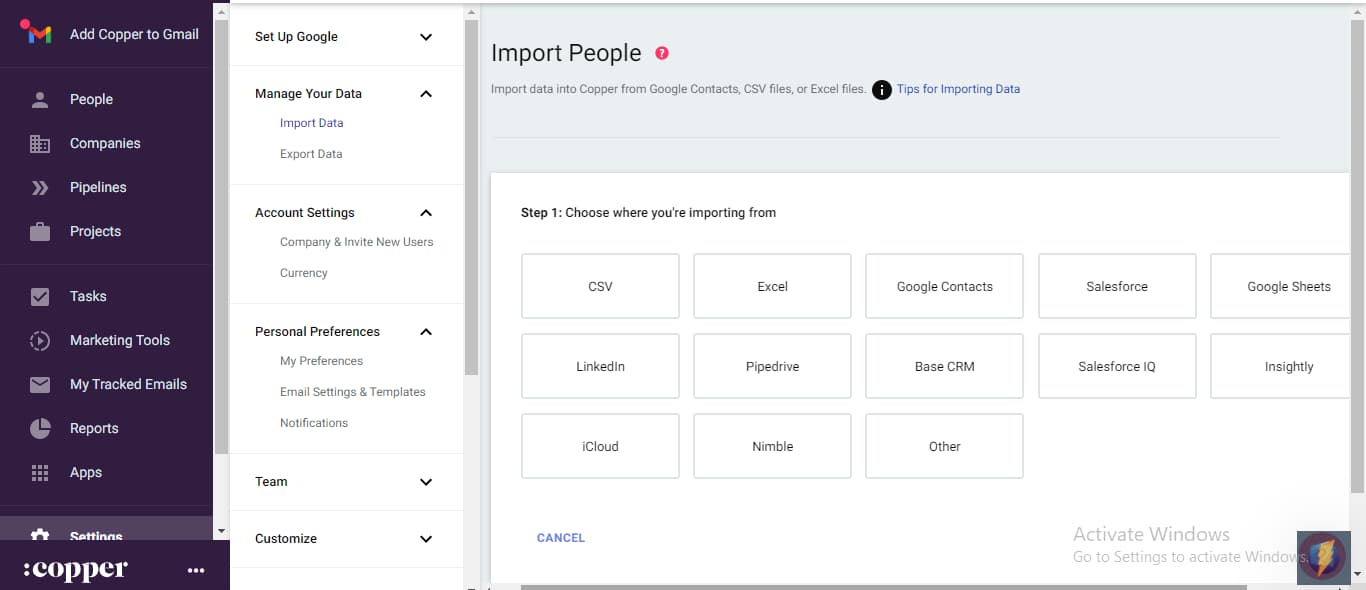 copper CRM contact import