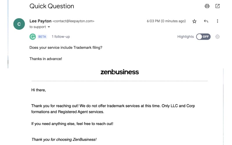 Email Support conversation