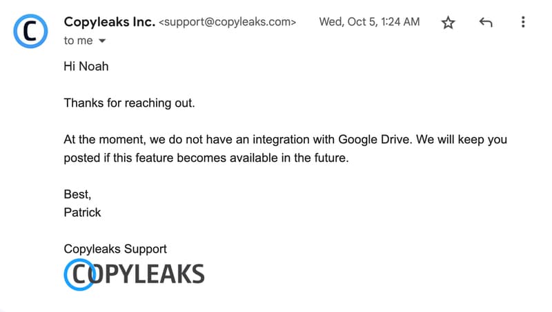 Copyleaks email support response