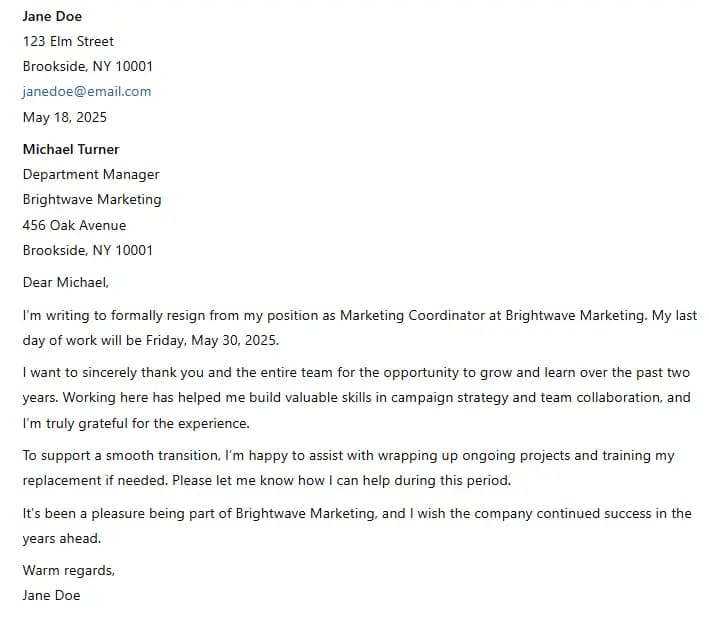 Resignation letter example