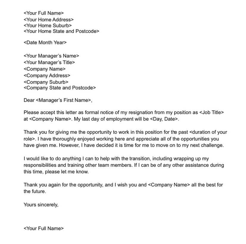 resignation letter example
