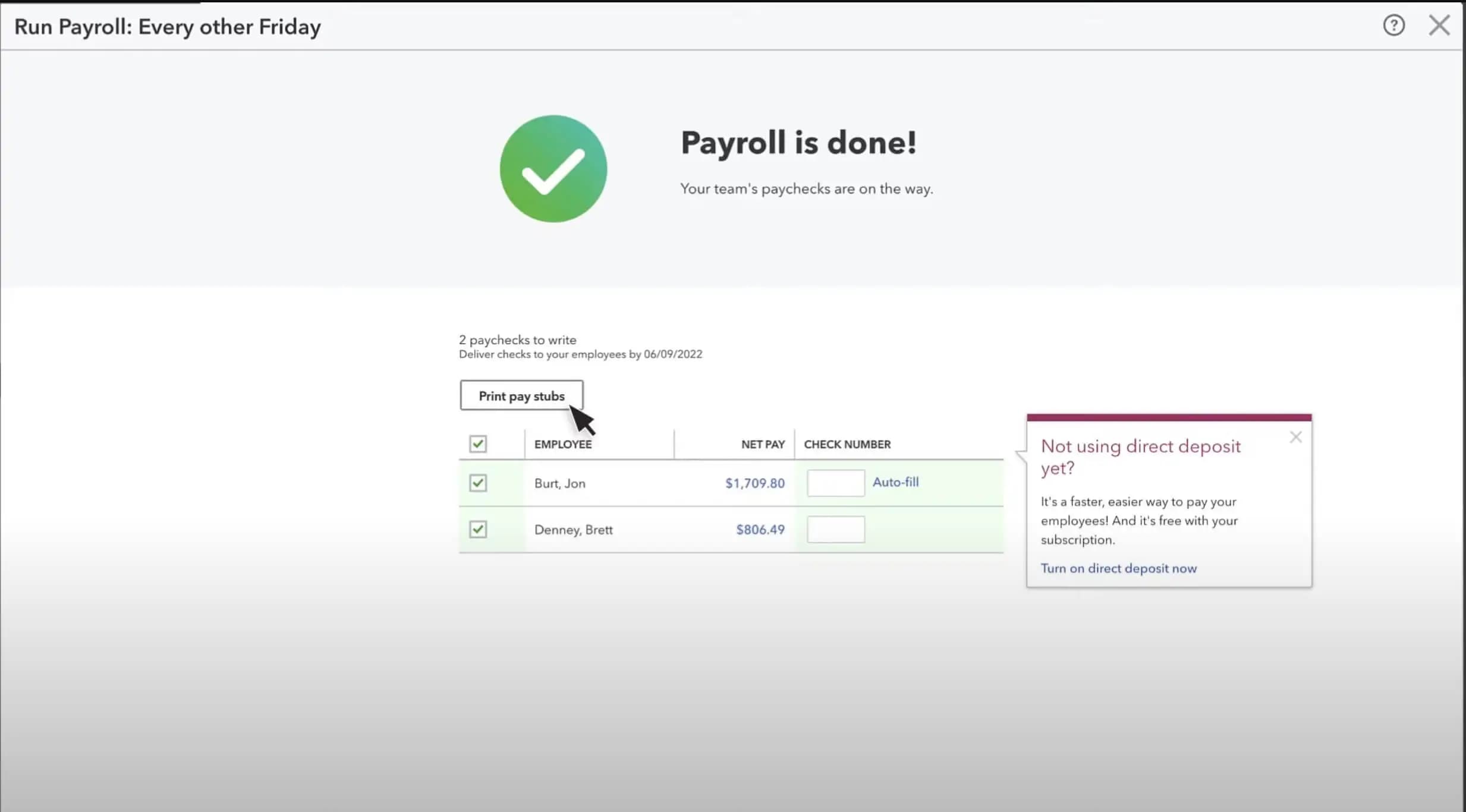 QuickBooks payroll complete run