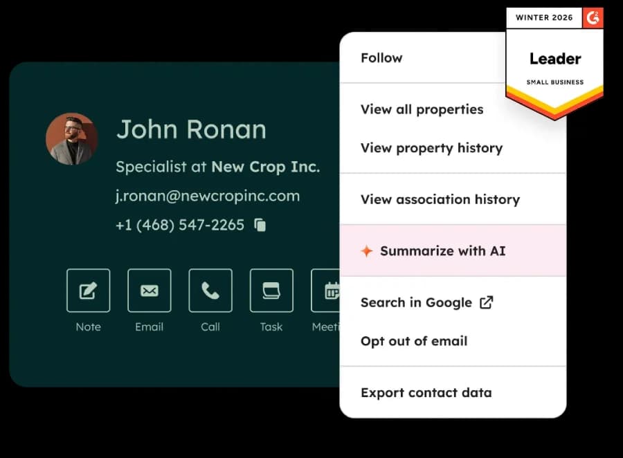 HubSpot CRM contact management interface highlighting a dropdown menu with a 'Summarize with AI' tool, featuring a quick-action contact card and an overlaid G2 Leader badge for small business software.