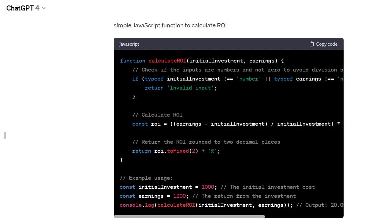 A JavaScript function to calculate ROI prompt on ChatGPT