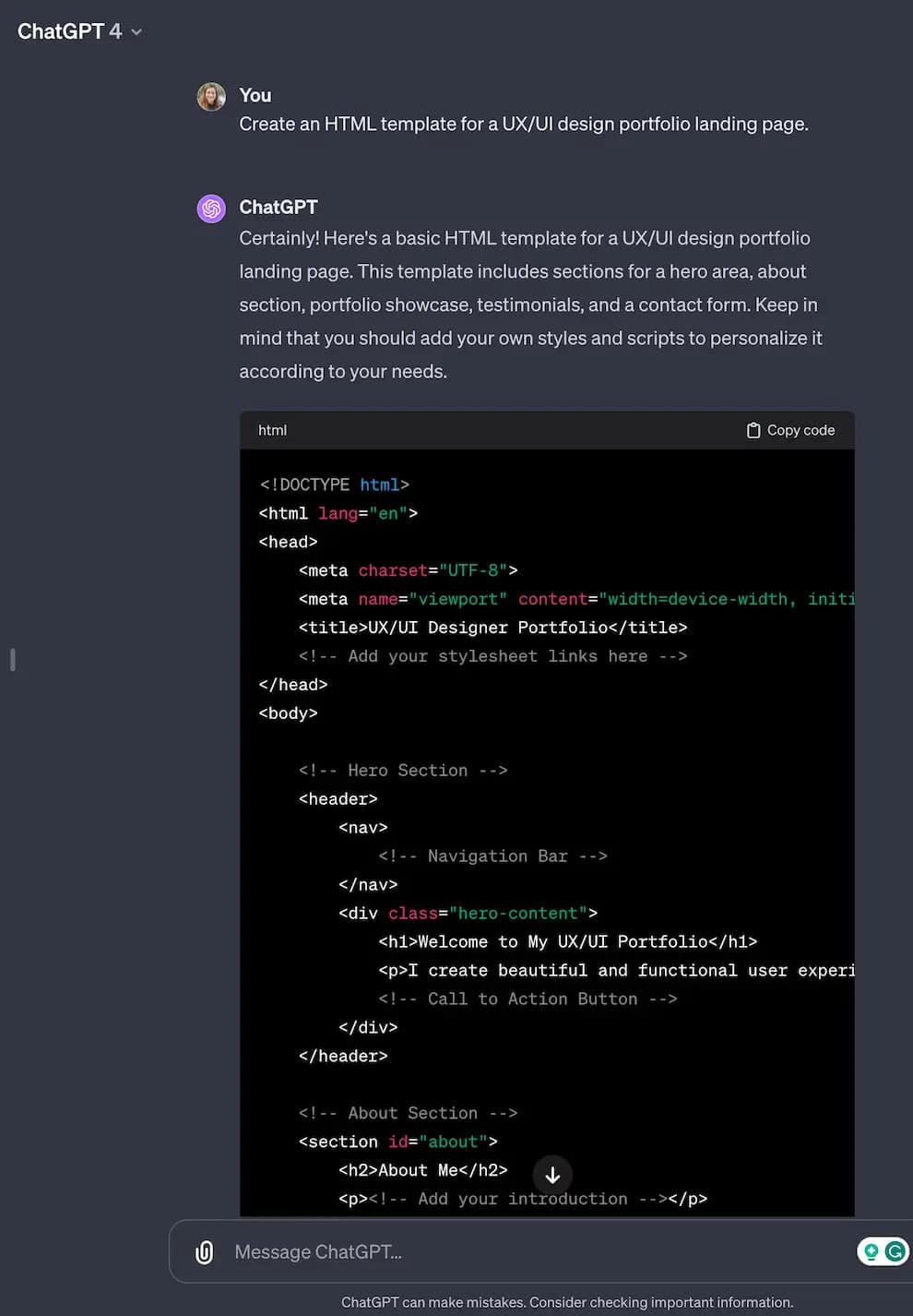 A screenshot of an HTML prompt for ChatGPT