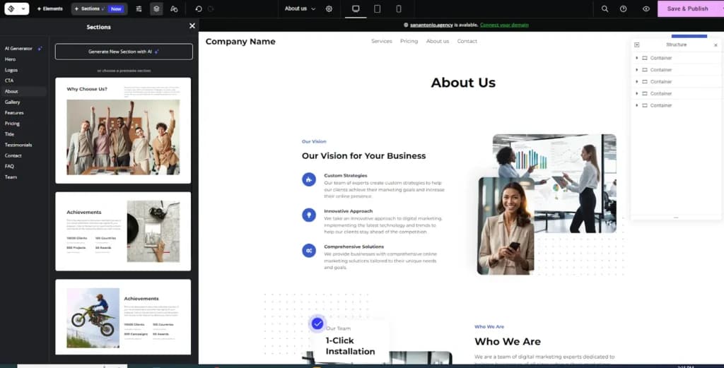 Elementor AI assistant sections