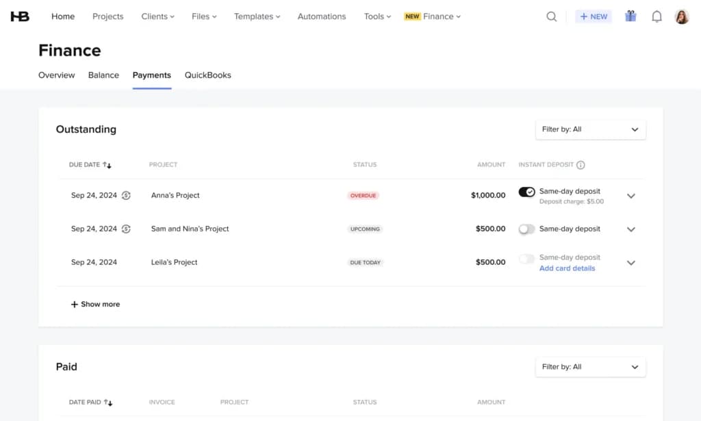 Honeybook Payments and expenses