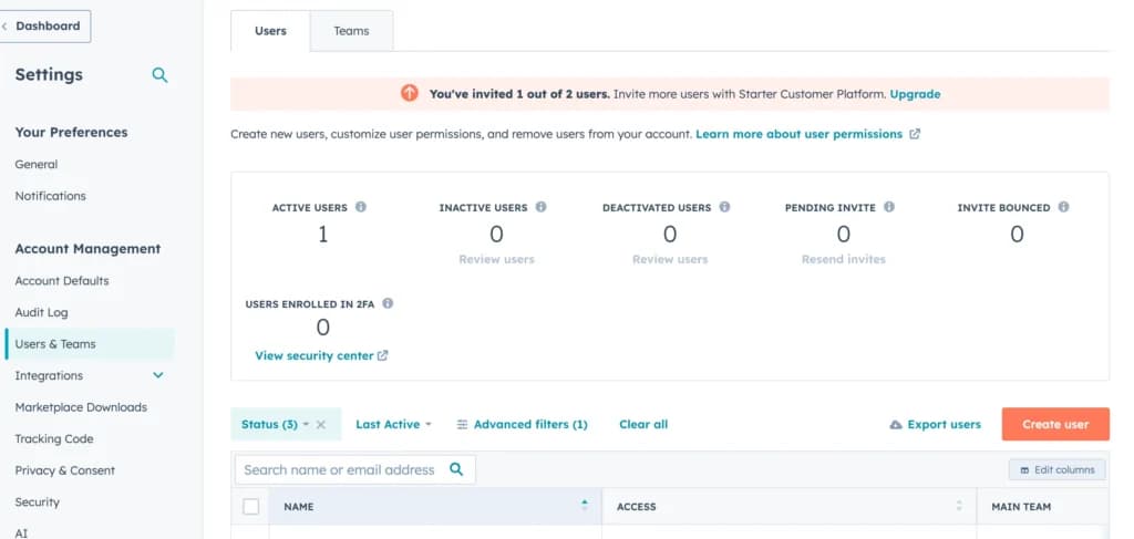 Hubspot users and teams