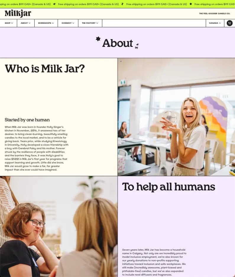 Milk Jar About Us page