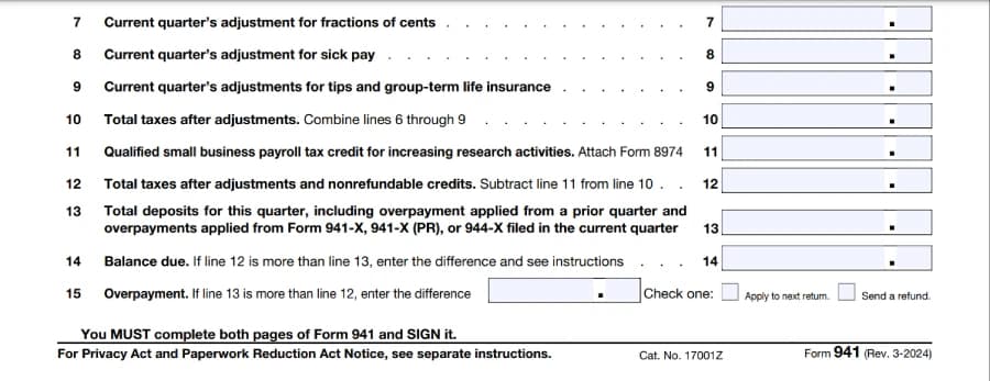 Adjustments section form 941