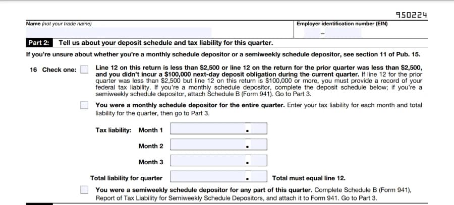 Tax liability section form 941