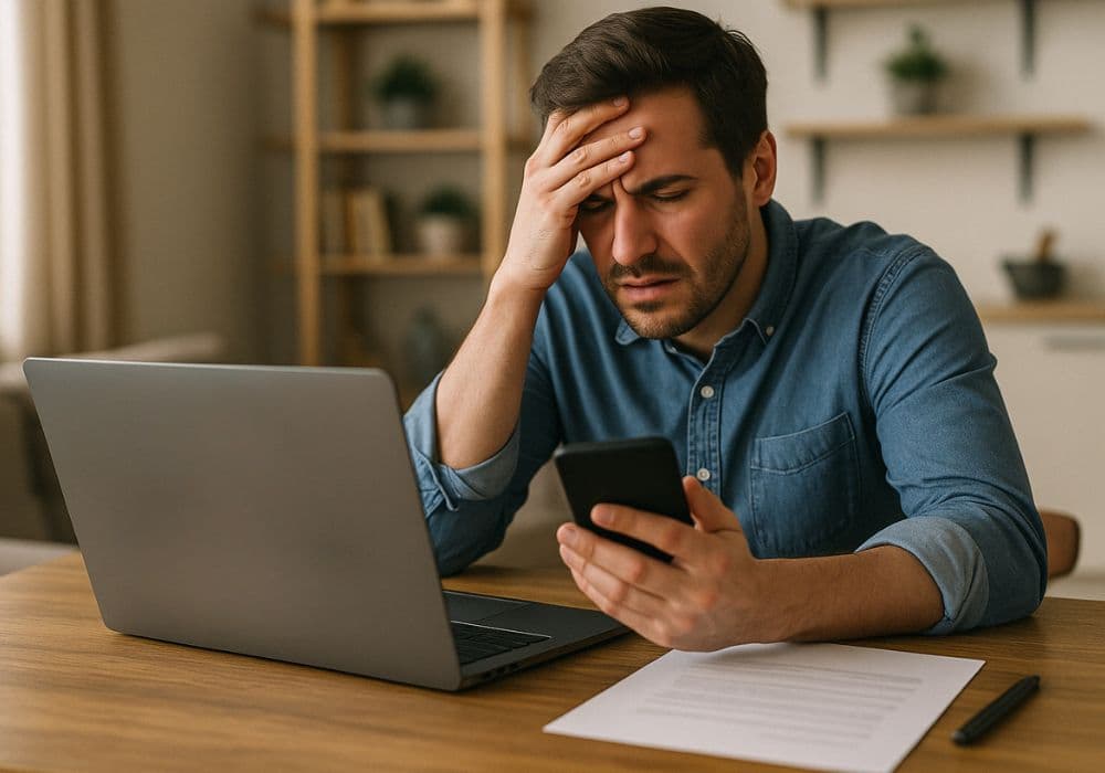 Frustrated man doing a wire transfer