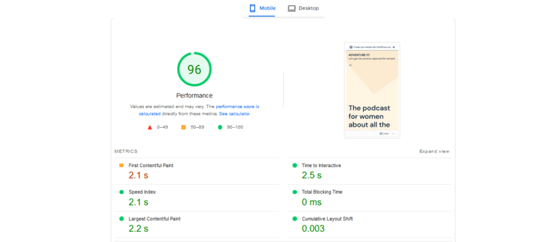 bluehost page speed test - total score of 96