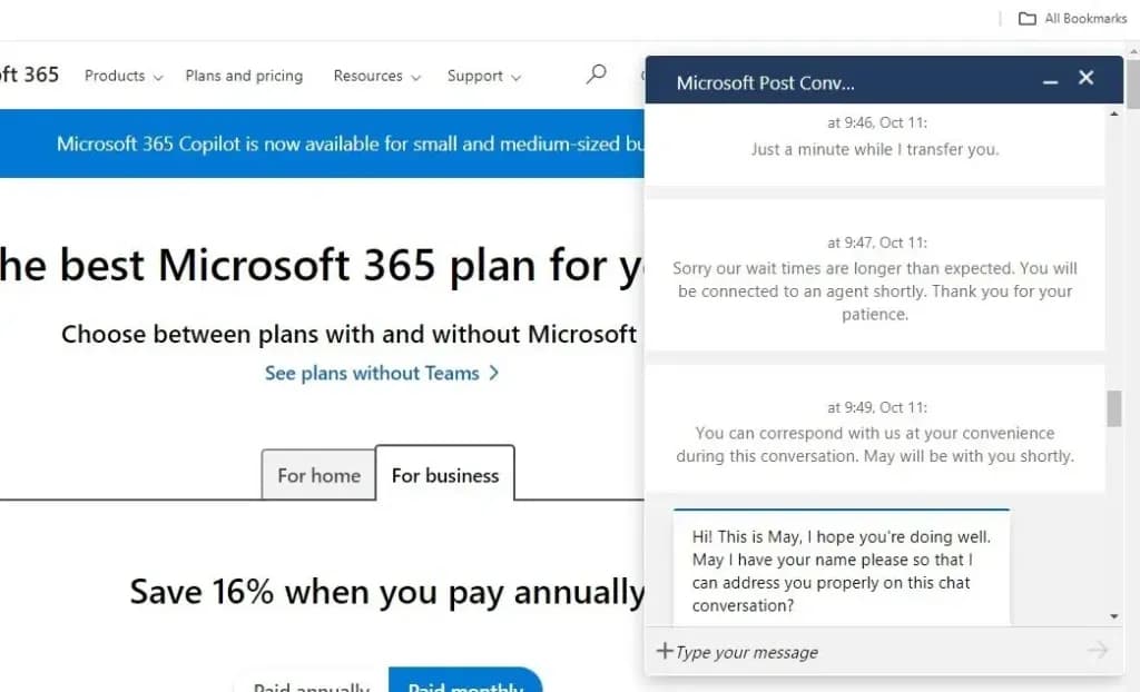 microsoft booking live chat