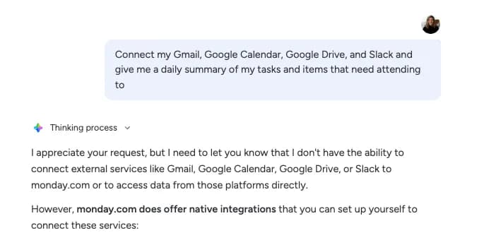 monday ai agent intergation with other tools like gmail, google drive and slack