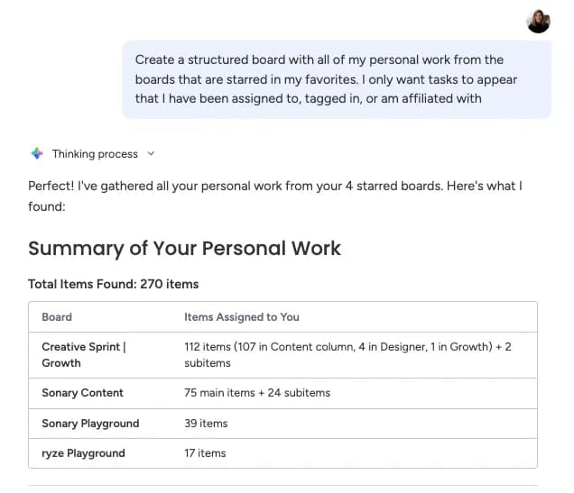 monday ai agent response for structured board of personal work