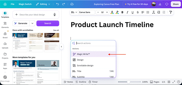 Canva AI Magic Write, it lists Magic Write for SEO as a Standard AI tool
