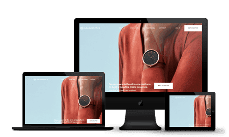 Squarespace website being shown on a computer, laptop and mobile device