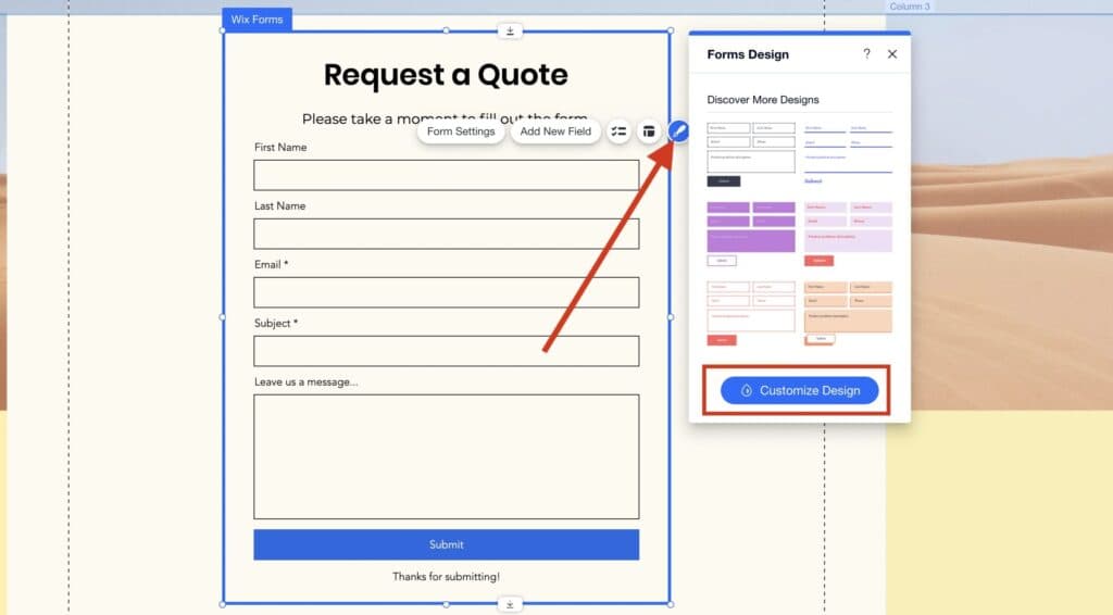 Customizing your form on Wix Forms with arrow pointing to where