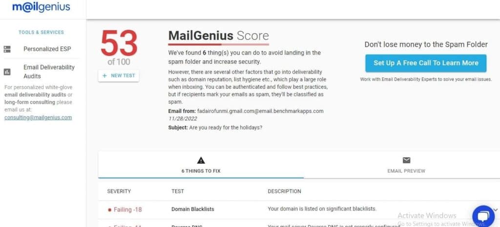 Benchmark email deliverability result
