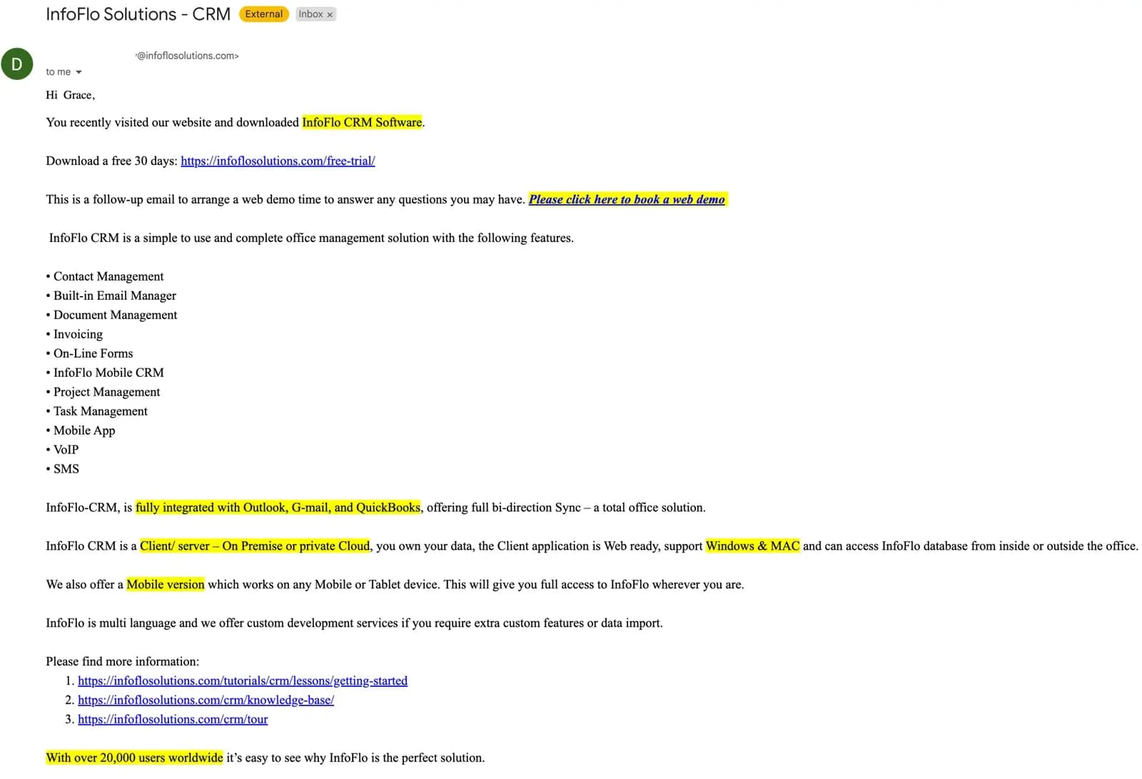 Infoflo crm email support