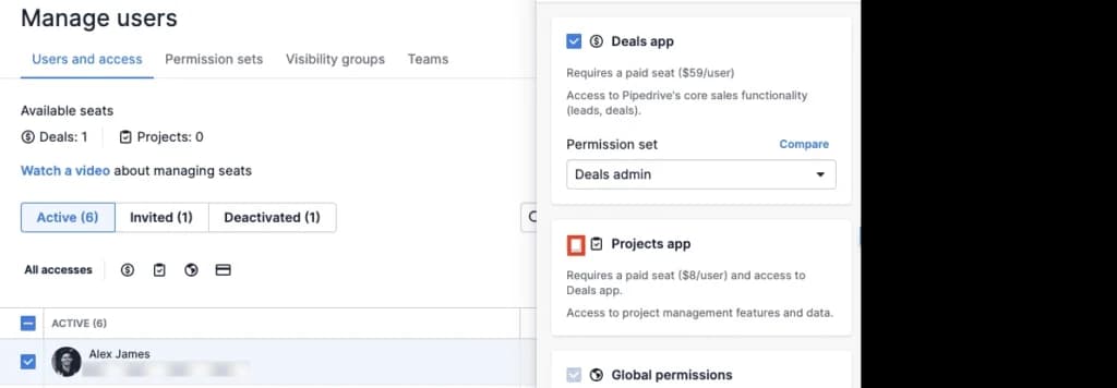 Pipedrive Projects user access