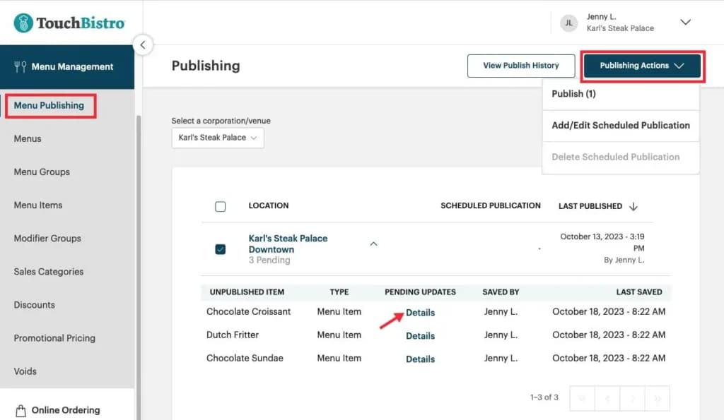 TouchBistro Advanced Menu Management Features