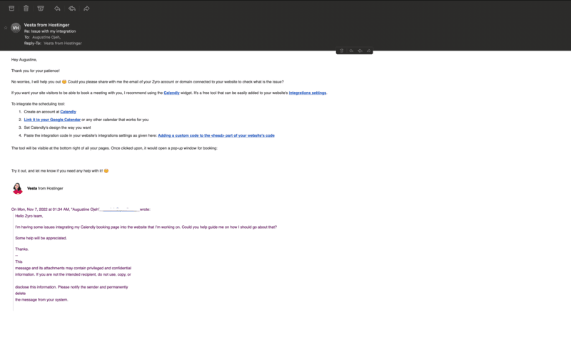 Zyro email support response
