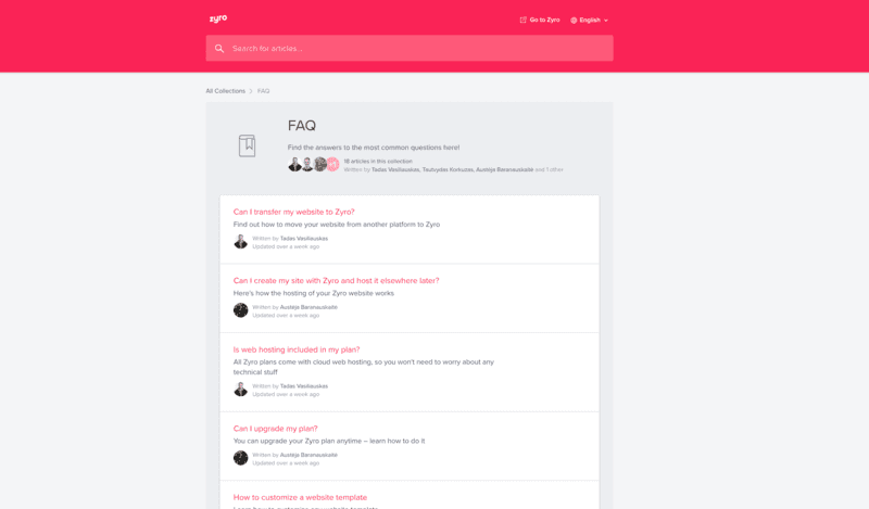 zyro faqs section of customer support