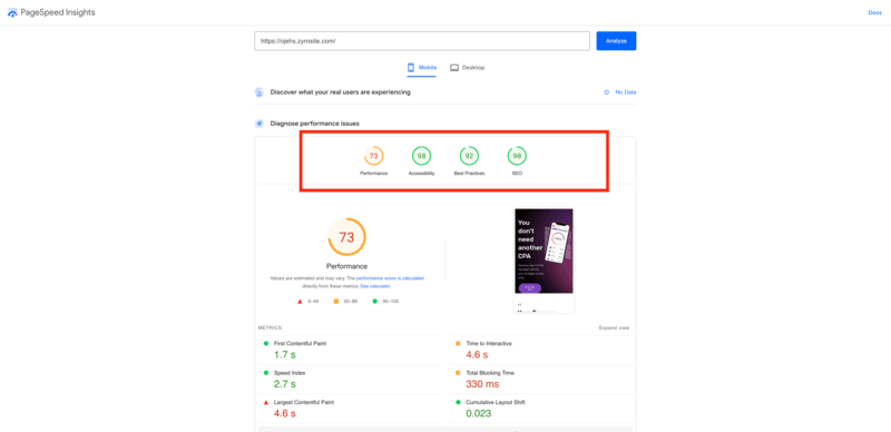 zyro website performance and page speed