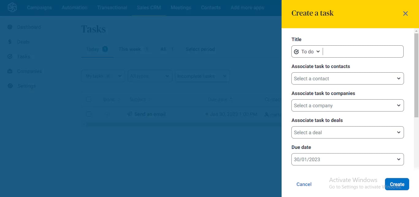 sendinblue crm task management