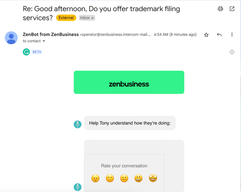 Zenbusiness Chat Support Follow Up