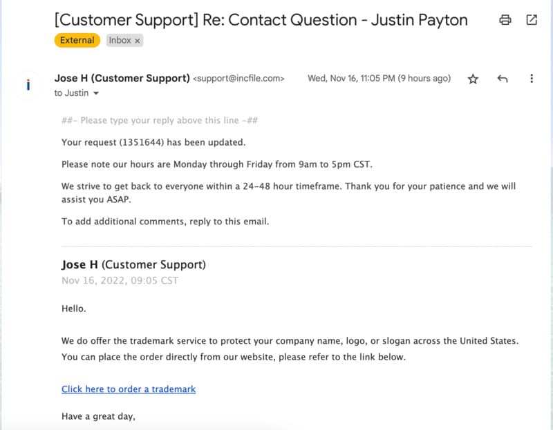 Incfile Contact Submisson - Reply