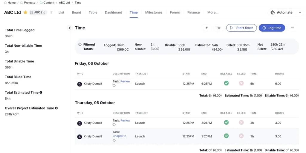 Teamwork Time tracking