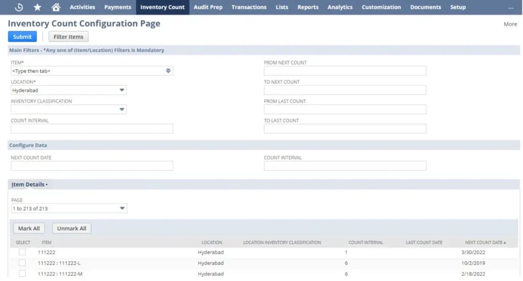 Oracle netsuite Cycle Counting