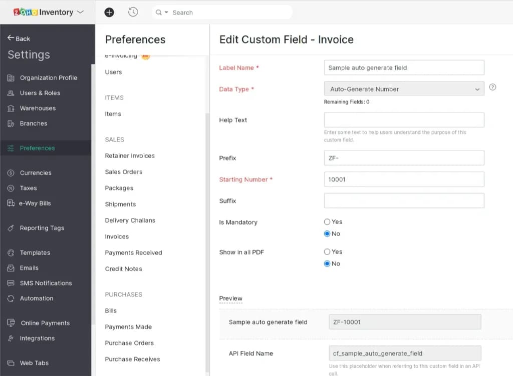 Zoho Customisable Features