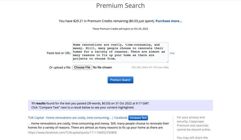 Ease of use premium search of copyscape