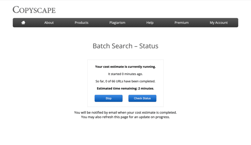 Batch search status Copyscape feature