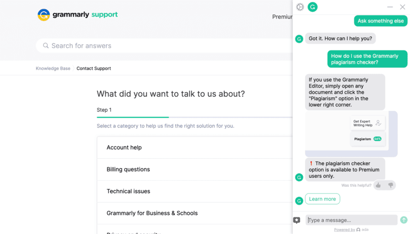 Customer Support Grammarly chat bot’s