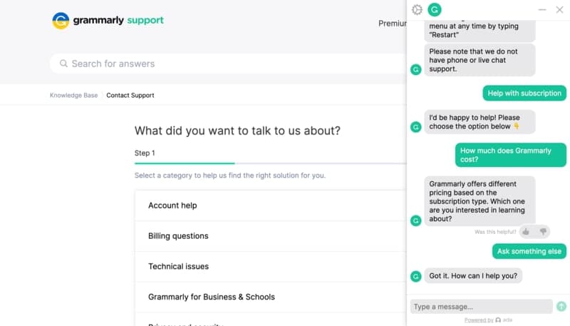 Customer Support Grammarly chat