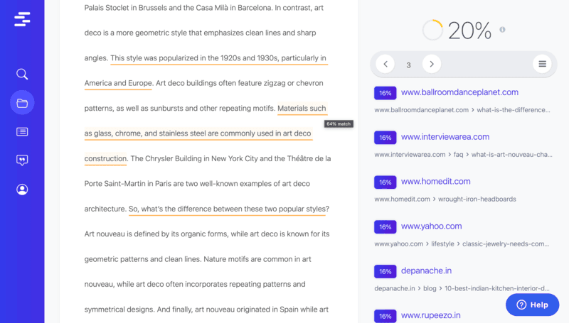 Quetext similiarity of citations to document