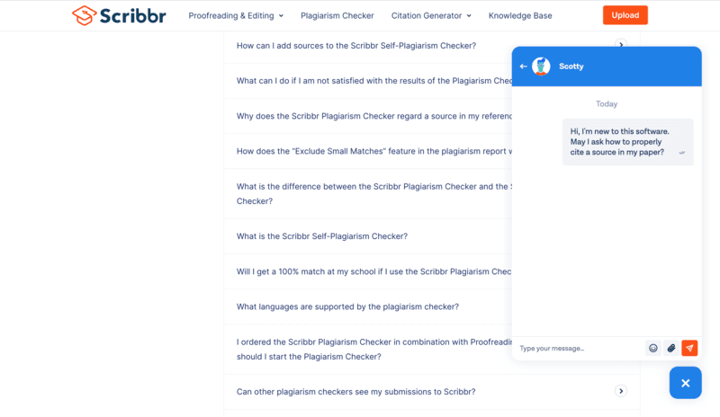 Scribbr live chat bot support