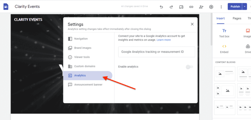 Analytics and reports feature for Google Sites