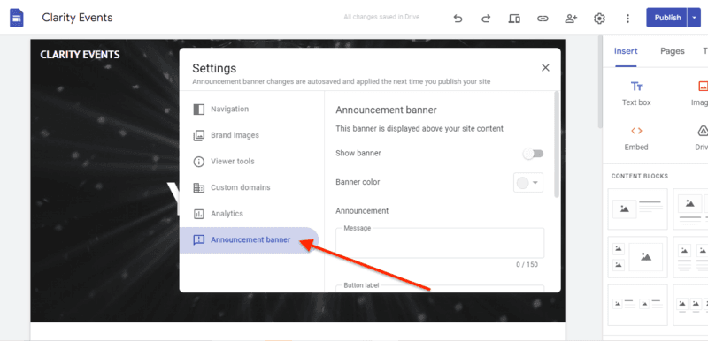 Annoucement Banner option for Website Builder Google Sites